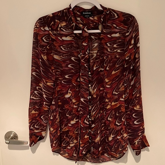 Bebe, S, blouse, maroon, sheer, tie - Picture 4 of 13